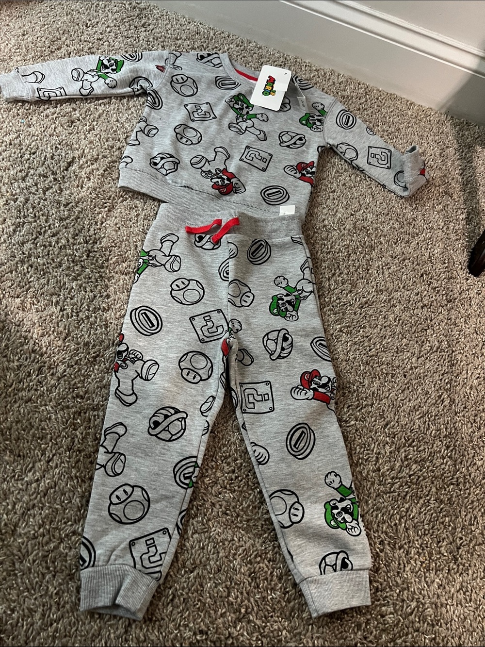 Super Mario Nintendo Grey Kids Matching Set with Red and Green Accents